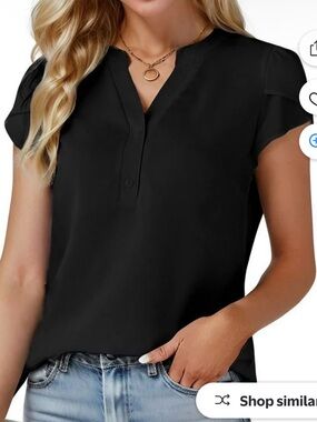 Classic Black Short Sleeve V-Notch Blouse